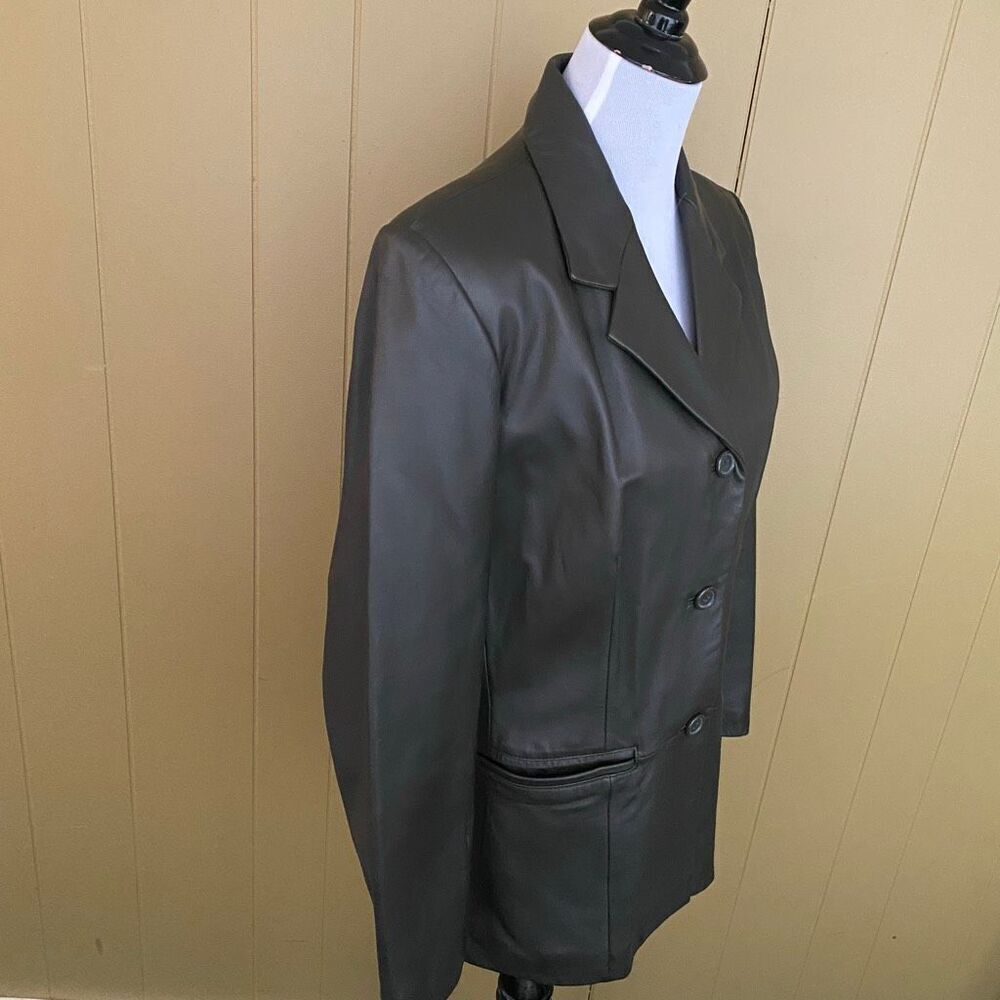 Preston & York women M 3 button grey leather jacket w/orange satin lining - Picture 3 of 12